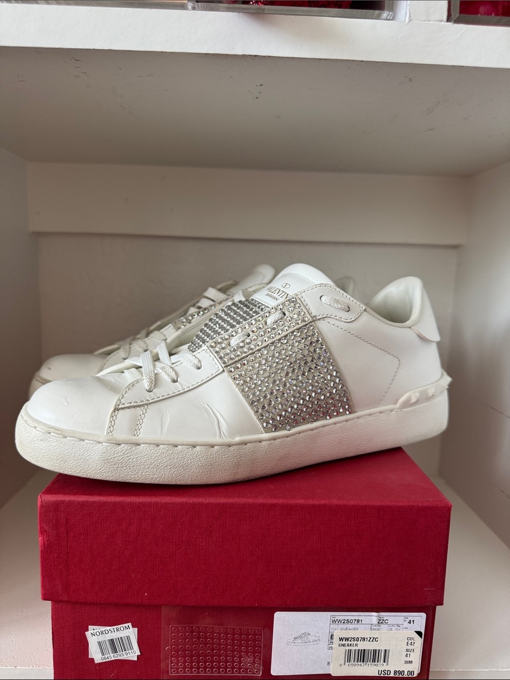 Valentino Garavani White Leather Sneakers with Silver Rhinestone Panels